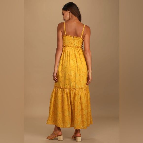 Lulus Charm and Charisma Burnout Floral Midi Dress in Mustard Yellow‎ XL - Picture 3 of 12